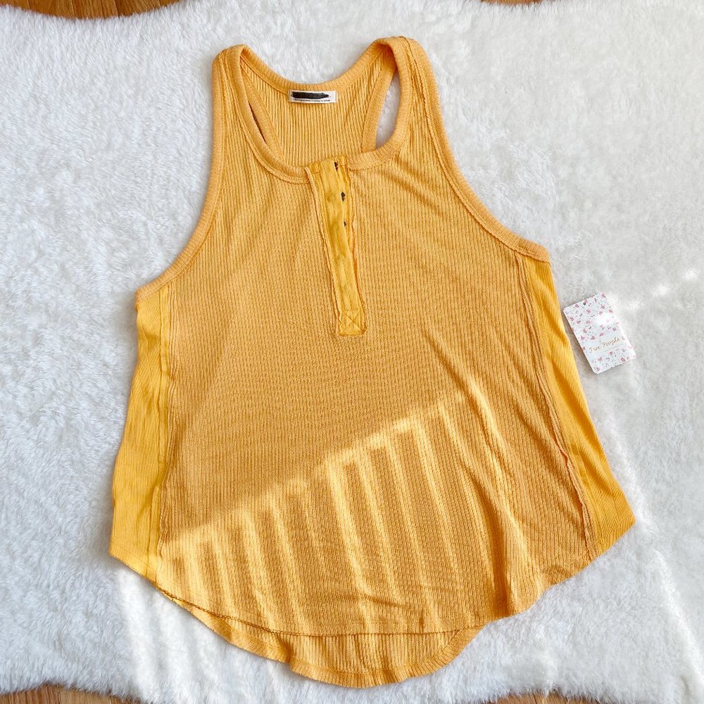 Free People, Women's Jersey Knit Henley Tank Top, Curved Hem, Mustard, Size L